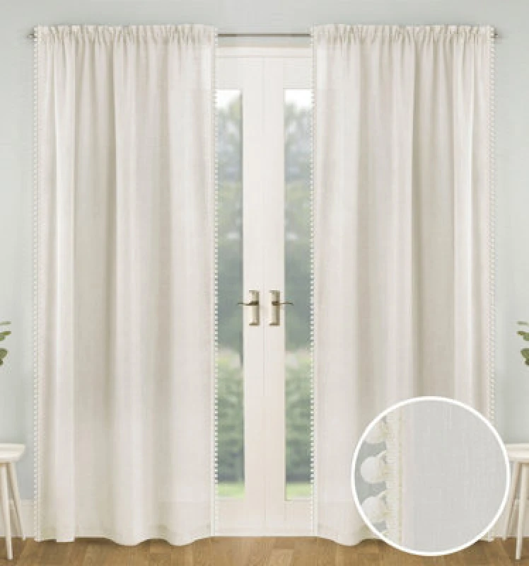 Image of Tyrone Textiles Tahiti Pom-Pom Trim Linen-Look Voile Panel - Pair Cream
