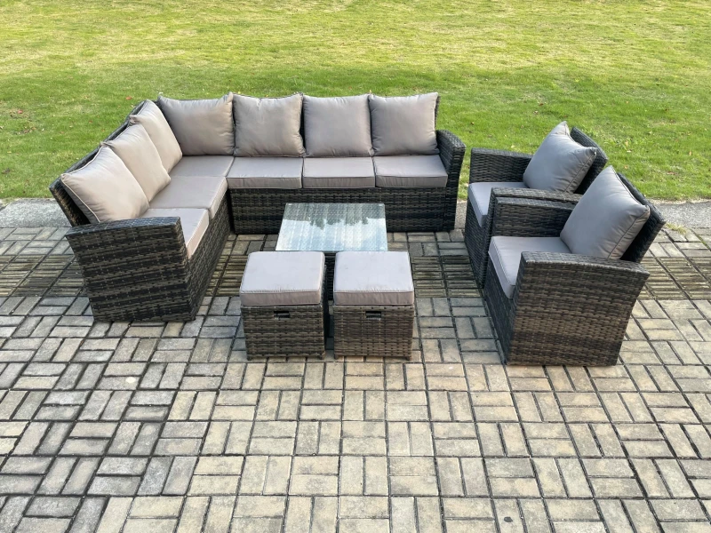 Image of Fimous Rattan Garden Furniture Set Outdoor Lounge Corner Sofa Set With Square Coffee Table 2 Small Footstools Armchair 10 Seater in Dark Grey Dark Gre