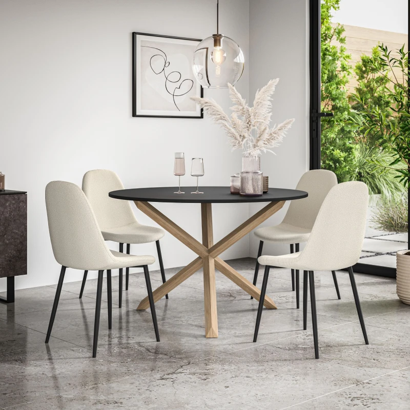 Image of More4Homes Malvern Round Dining Table And Chairs - Black Table Top W Solid Oak Legs + Maya Boucle Dining Chair Set Of 4 (Ivory White)