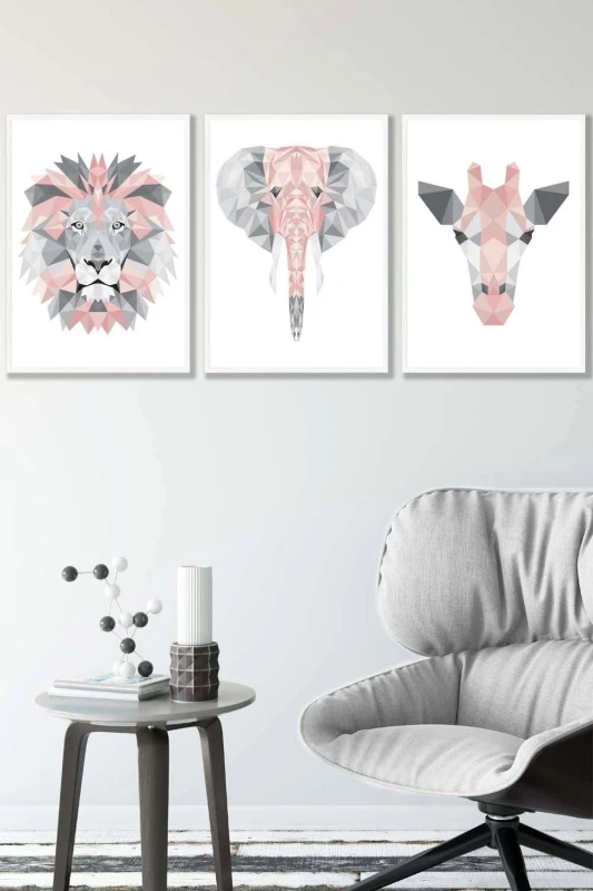 Image of ARTZE Geometric Pink Grey Jungle Animal Heads Framed Wall Art - Medium in White Size: W45cm x H62cm x D20mm White Unisex W45cm x H62cm x D20mm