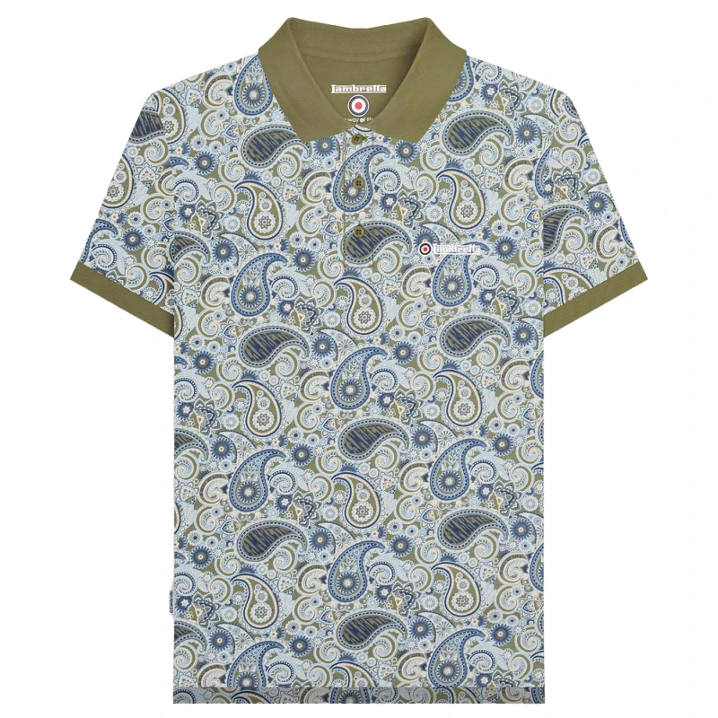 Image of Lambretta Lambretta Men SS25 Paisley Branded Polo Shirt in Khaki Size: Small Khaki S Male 5063703661867