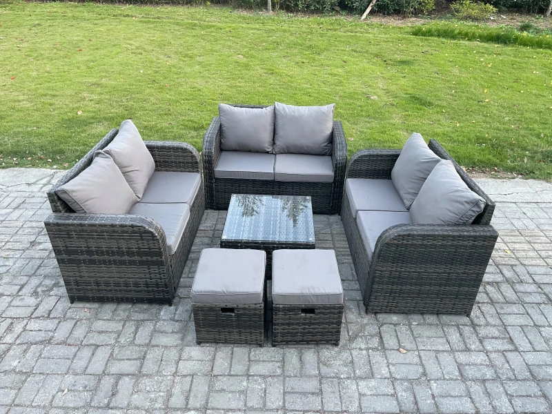 Image of Fimous 8 Seater Outdoor Garden Furniture Sets Wicker Rattan Furniture Sofa Sets with Square Coffee Table Love seat Sofa 2 Small Footstools Dark Grey