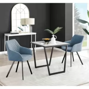 Image of Furniture Box Carson White Marble Effect Square Dining Table and 2 Blue Falun Black Leg Chairs