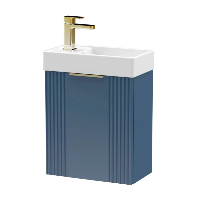 Image of Balterley Blue 400mm Wall Hung Vanity Unit with Brushed Brass Handle Blue Unisex