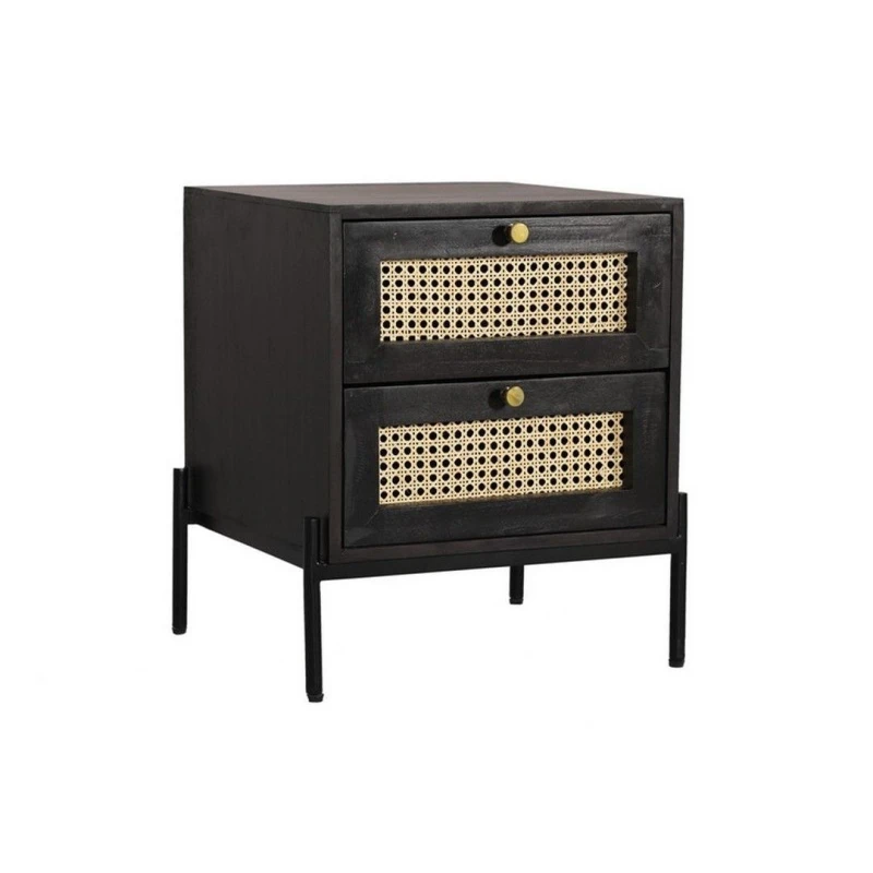 Image of Jaipur Furniture Ltd Rattan Bedside Table 2 Drawer - Mango Wood/Iron - L45 x W45 x H55cm - Black Finish with Natural Rattan - Assembly Required Black