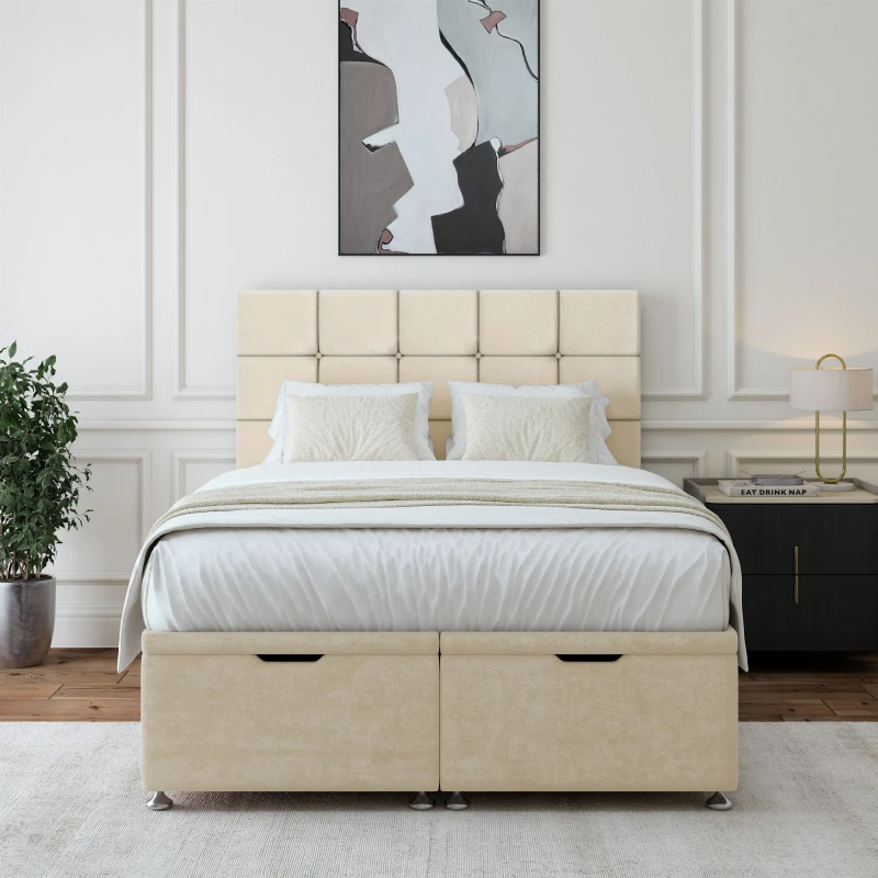 Image of Bedmaster Bedmaster Luxury Velvet Ottoman Divan Base And Square Headboard in Natural Size: Double Natural Double Unisex 7867868684895