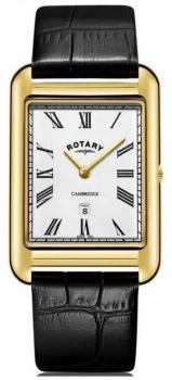 Image of Rotary Mens Cambridge Date Gold Square Black Leather Watch