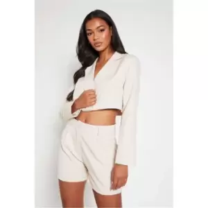 Image of I Saw It First Stone Petite Woven Cropped Fitted Blazer - Brown