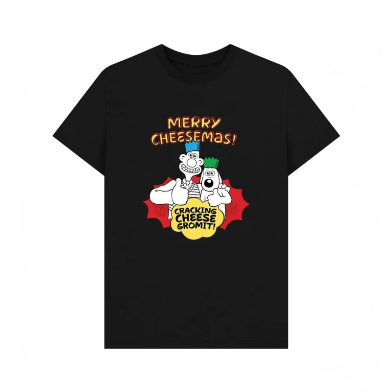 Image of Wallace & Gromit Mens Merry Cheesemas Graphic T-Shirt in Black Size: Small Black Male S