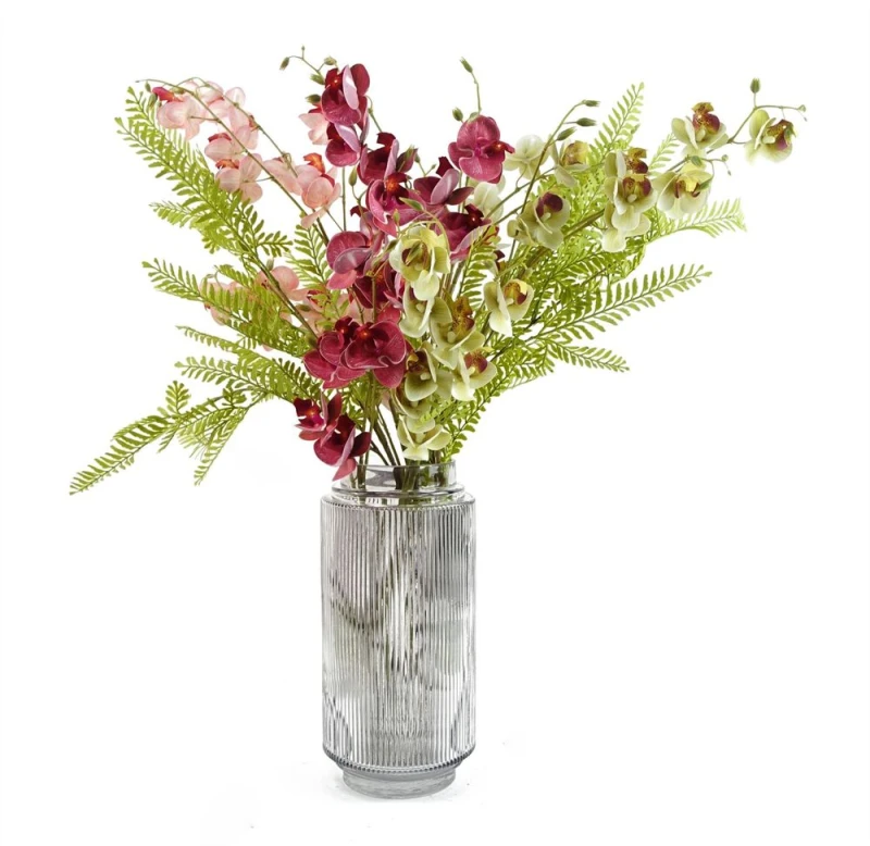 Image of Leaf Leaf 65cm Mixed Wild Orchid and Ferns Glass Vase Dark Pink