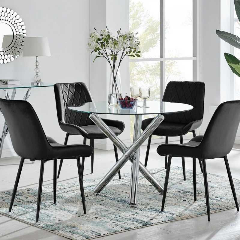 Image of FurnitureboxUK FurnitureboxUK Selina Round Glass Chrome Leg Dining Table and Pesaro Black Leg Chairs Size: 2 Person Black 2 Person Unisex 5056542679