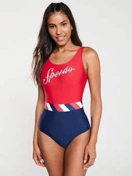 Image of Speedo Shoreline Swimsuit - Red/Navy , Red/Navy, Size 30, Women