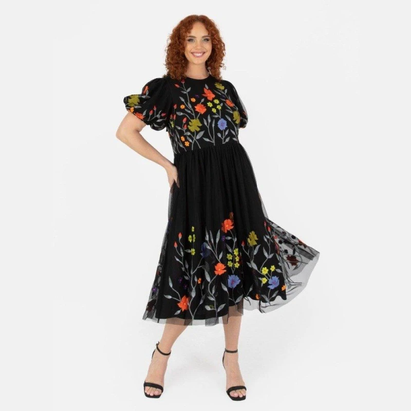 Image of Maya Deluxe Maya Black Floral Embroidered Midi Dress With Keyhole Back Black female 6 (2XS)