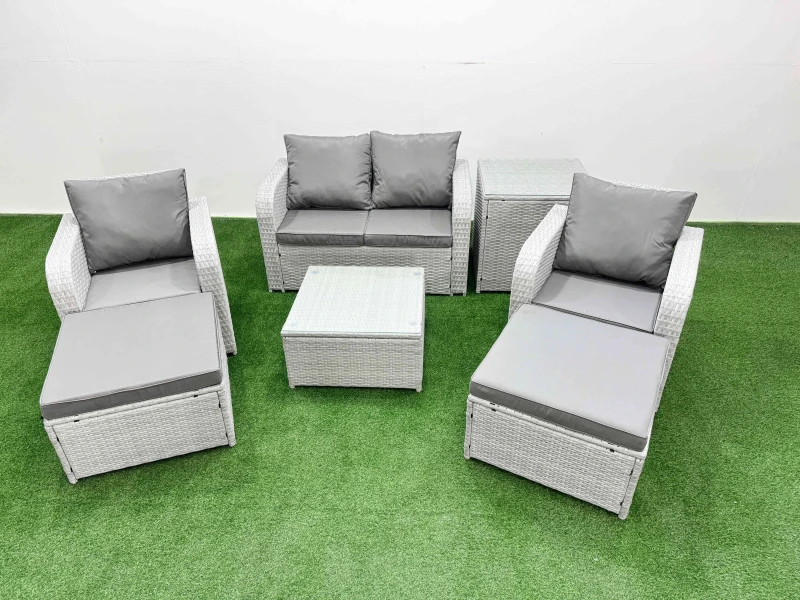 Image of Fimous Light Grey PE Wicker Rattan Garden Furniture Set Sofa Set Reclining Adjustable Chair Square Coffee Table 6 Seater 2 Big Stools Side Table Light