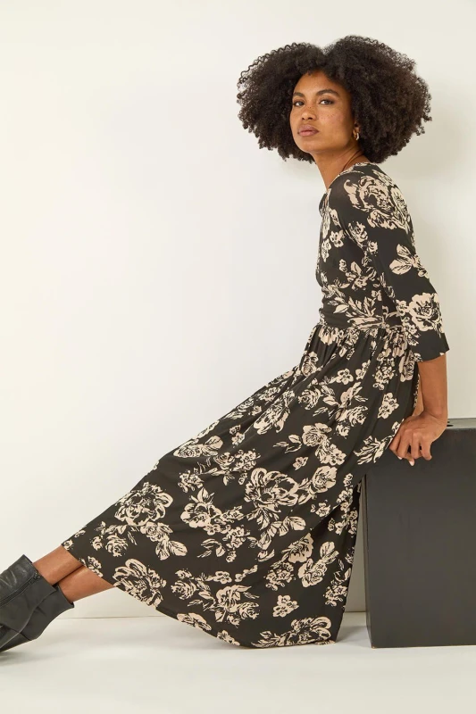 Image of Roman Floral Pocket Stretch Midi Dress Black