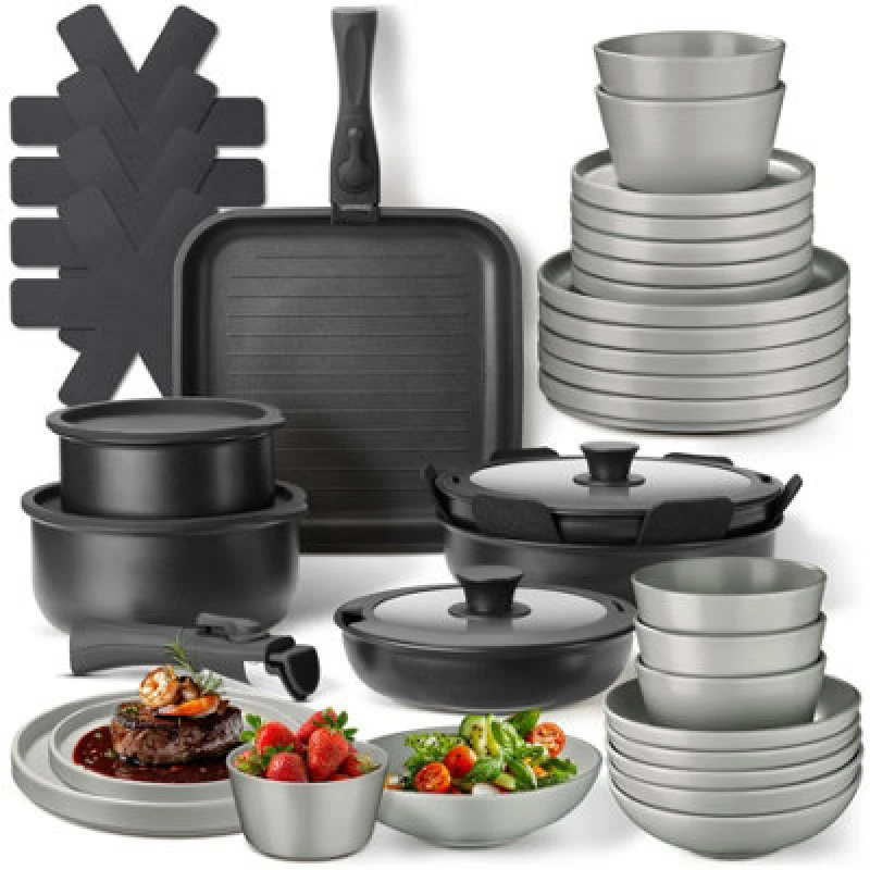 Image of Tectake Kitchen Starter Set For 6 People With Crockery, Pots And More - Grey/black