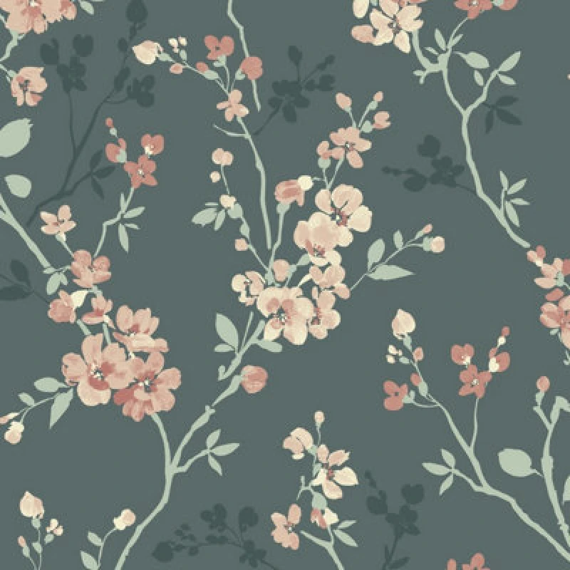 Image of Grandeco Jasmin Floral Cherry Blossom Trail Blown Vinyl Wallpaper, Green