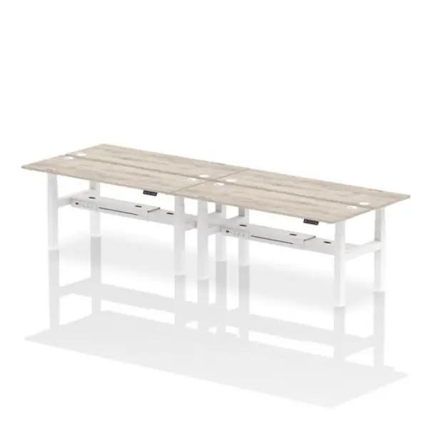 Image of Air Air Back-to-Back 1800 x 600mm Height Adjustable 4 Person Bench Desk Grey Oak Top with Cable Ports White Frame HASCP4P18600GRYW