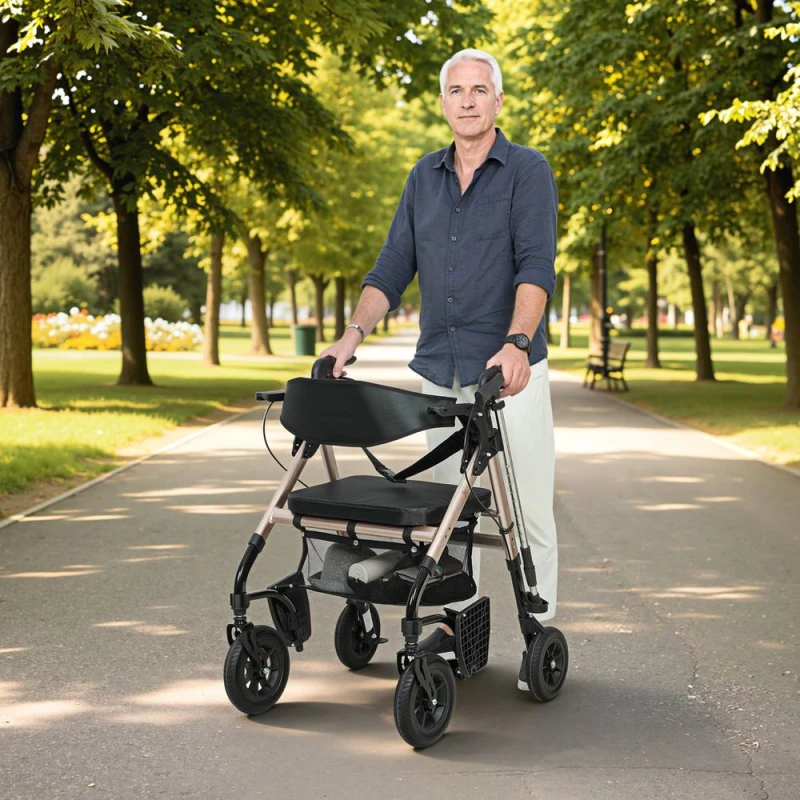 Image of HOMCOM 2-in-1 Mobility Walker with Seat, Foldable Rollator with Footrests in Black Unisex