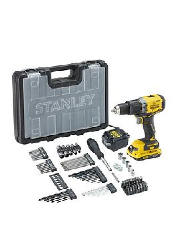 Image of The 18V Stanley® Fatmax® V20 Cordless Brushless Hammer Drill With 1 X 2.0Ah Lithium Ion Battery Plus 100 Accessories SFMCD715D1A-GB
