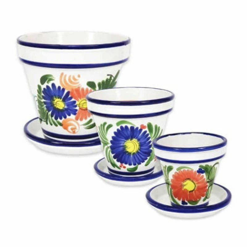 Image of Verano Spanish Ceramics Floral Hand Painted Set of 3 Classic Plant Pots & Drainage Plates (D) 16-29cm Multi