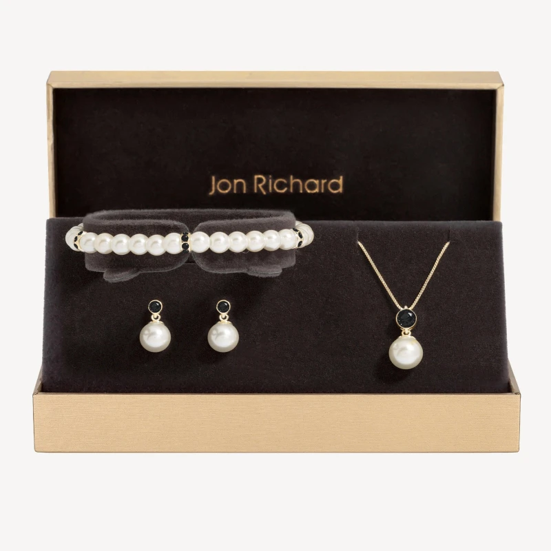 Image of Jon Richard Gold Plated Jet And Pearl Trio Set - Gift Box Gold