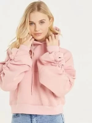 Image of Quiz Ruched Sleeve Hoodie, Light Grey, Size S, Women