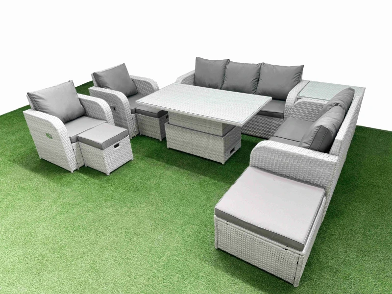 Image of Fimous PE Rattan Garden Furniture Set Adjustable Lifting Dining or Coffee Table 3 Stools Side Table Light Grey