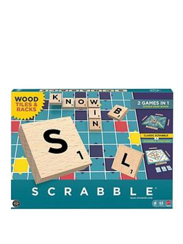 Image of Mattel Games Scrabble Board Game Classic Family Word Fun featuring Wooden Letter Tiles and Racks with Two Ways to Play for 2-4 Players JGR61