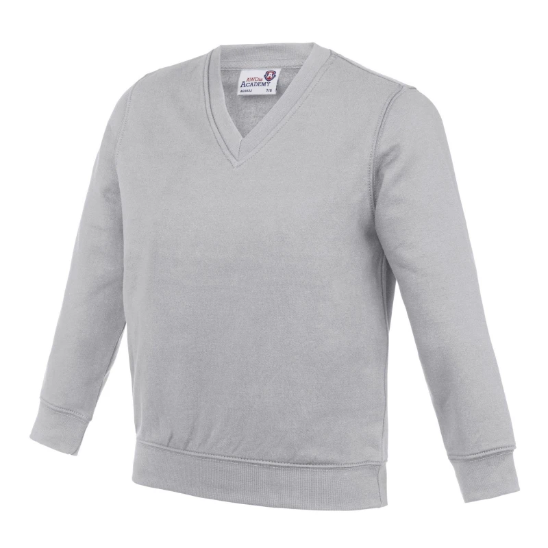 Image of AWDis Academy V Neck School Jumper Sweatshirt in Grey Size: 3-4 Years Grey Unisex 3-4 Years