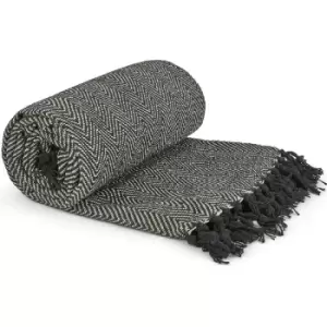Image of Herringbone Throw 70x100' Black Recycled Cotton Blanket Throwover