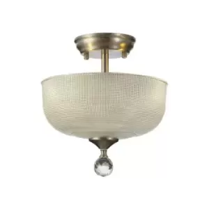 Image of Luminosa Talisa 2 Light Semi Flush Ceiling Lamp E27 With Round 26.5cm Prismatic Effect Glass Shade Satin Nickel, Clear