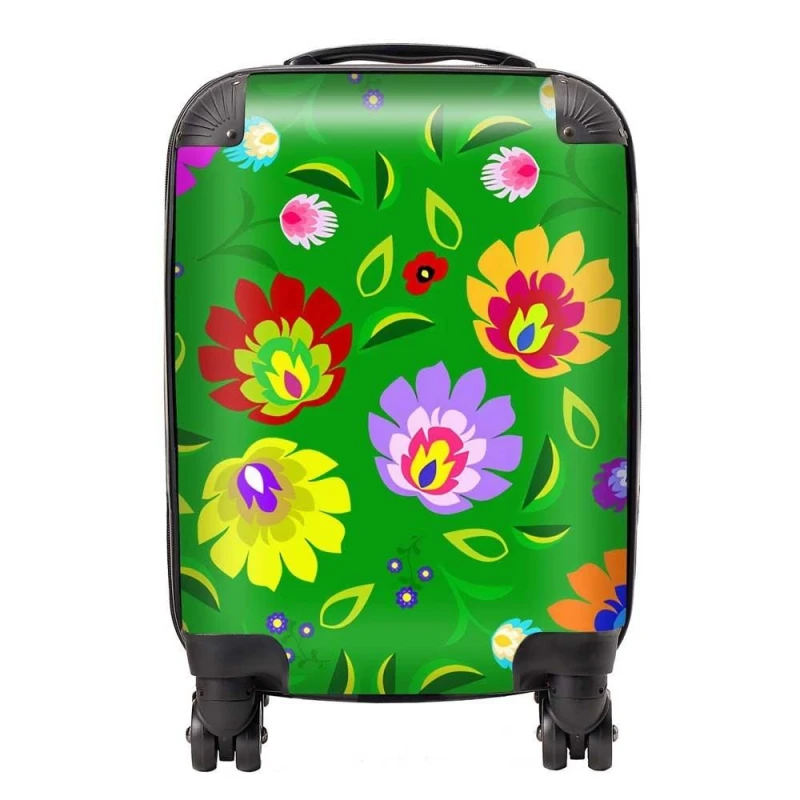 Image of Warren Reed - Designer Polish Folk Floral Suitcase in Green Size: Cabin Green Unisex Cabin