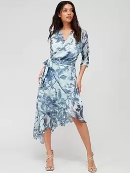 Image of Guess 3/4 Sleeve Ensley Wrap Dress - Porcelain Floral Blue Size L, Women