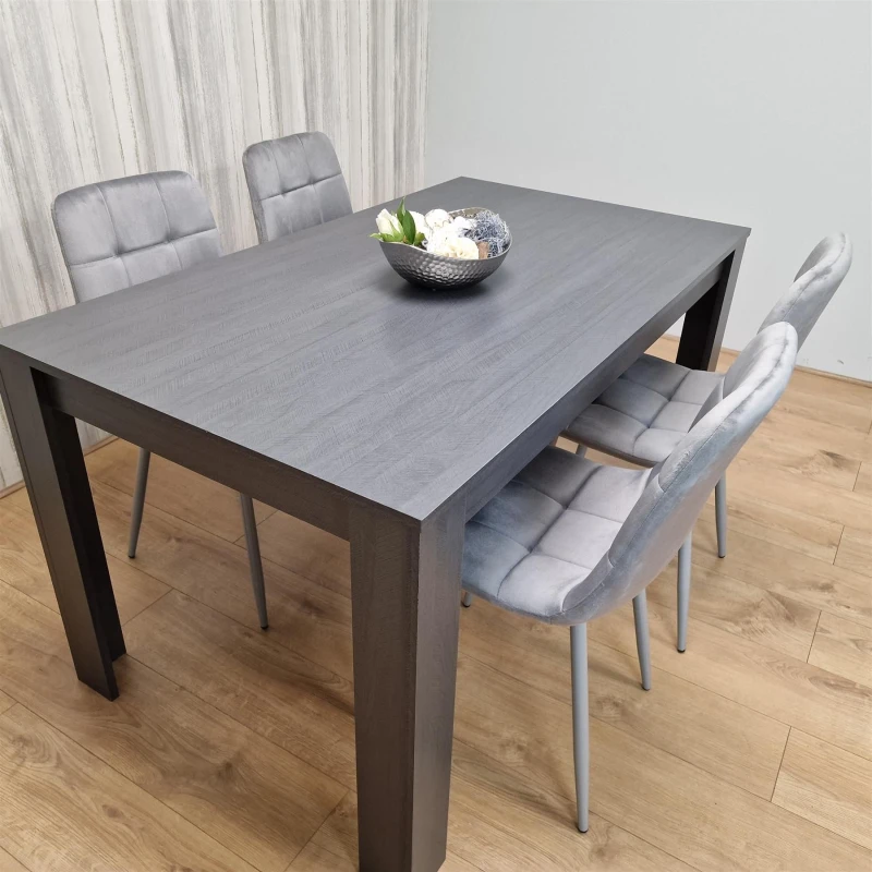 Image of KOSY KOALA Kosy Koala - Dining Table and 4 Chairs Black Dark Grey 4 Grey Velvet Chairs Wood Dining Set Furniture Arrow Charcoal 140 + 4 Grey Rocco