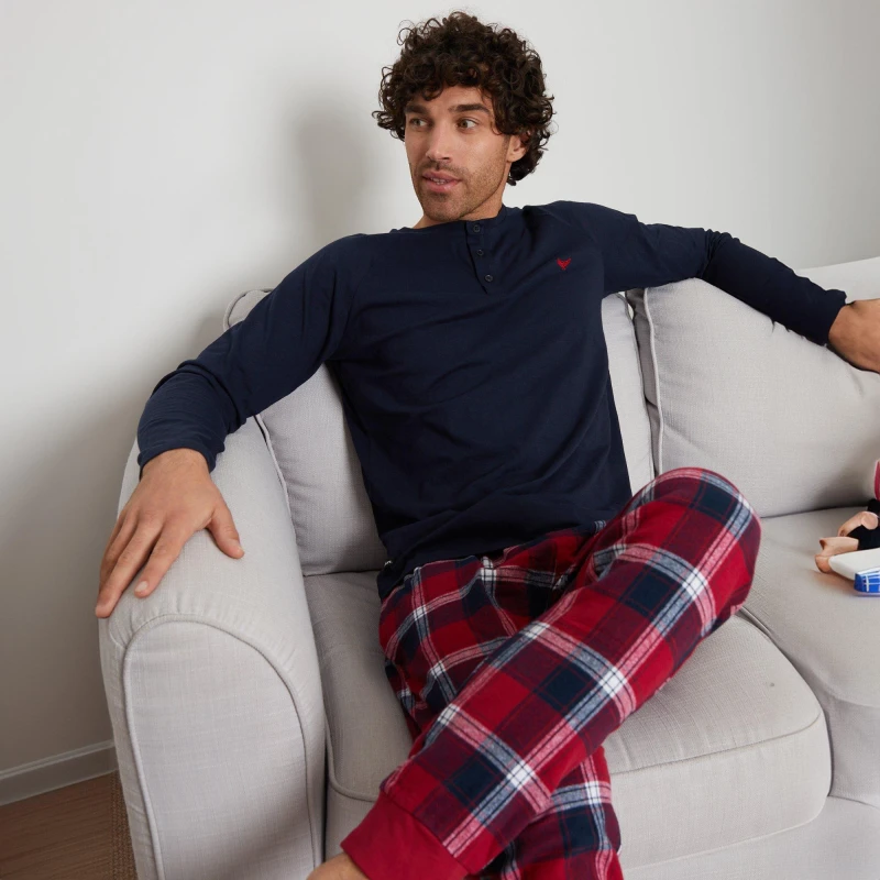 Image of Threadbare 'Crisp' Cotton Blend Check Pyjama Set Navy male