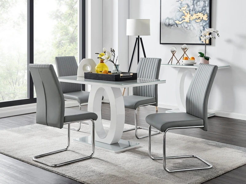 Image of FurnitureboxUK FurnitureboxUK Giovani Grey White Modern High Gloss And Glass Dining Table And 4 Lorenzo Chairs Set Grey One Size Unisex 5056542651038