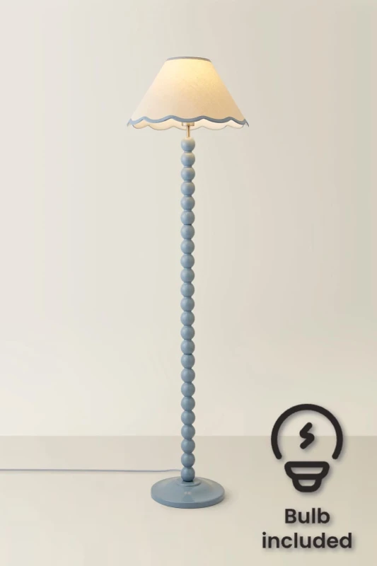 Image of ValueLights Bobbins Powder Blue Floor Lamp with Tapered Linen Scallop Shade and LED Bulb Blue