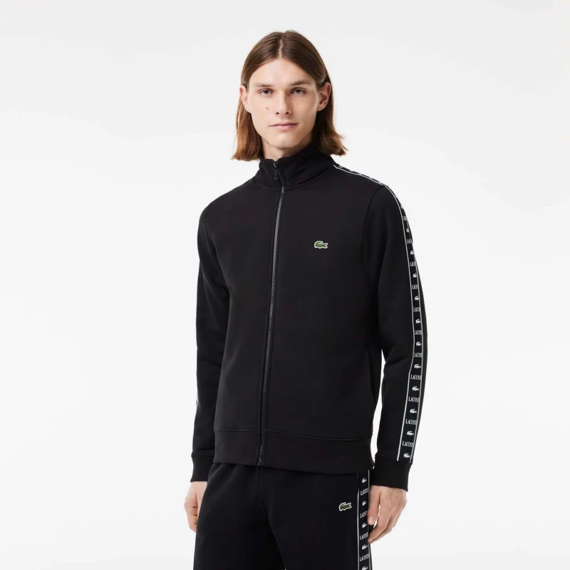 Image of Lacoste Logo Stripe Zip-Up Sweatshirt - Black XS