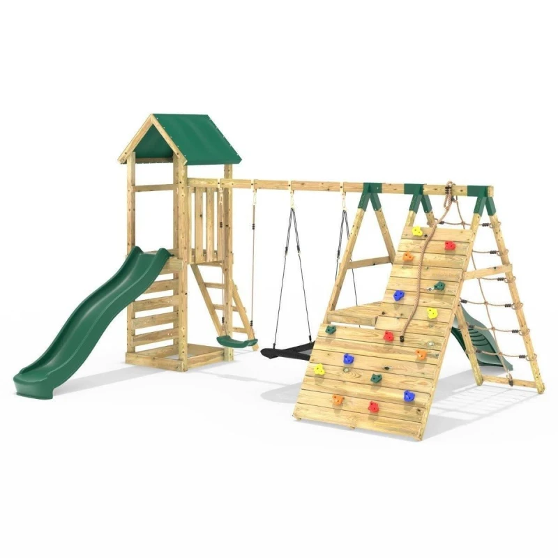Image of Rebo Wooden Climbing Frame with Swings, Up and Over Climbing Wall and Two Slides - San Luis Green Green