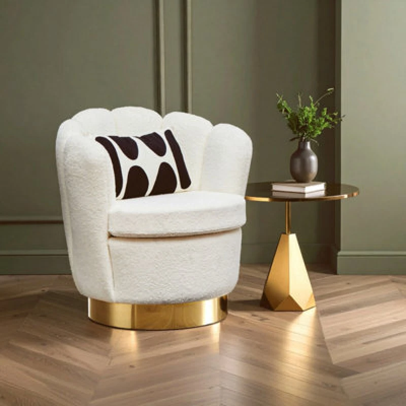 Image of Orsina White Velvet Upholstered Round Chair, Accent Chair For Living Room, Accent Lounge Chair With Golden Base