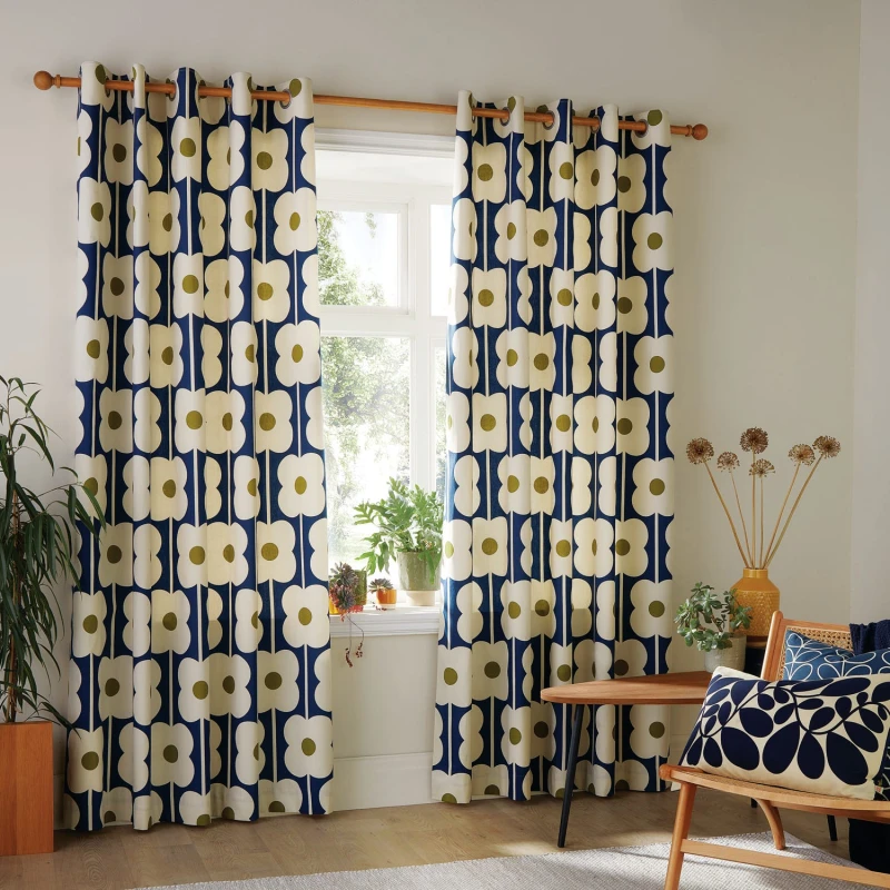 Image of Orla Kiely Abacus Flower Eyelet Curtains, 168 X 137cm, Navy