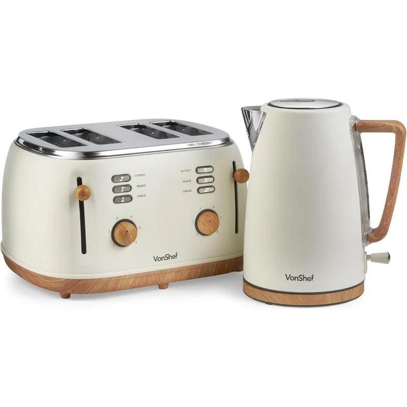 Image of VonShef Fika Cream Rapid Boil Kettle And Four Slice Wide Slot Toaster Set Beige