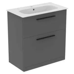 Image of Ideal Standard I.life A 80Cm Matt Quartz Grey Floor Standing Vanity Unit, 84Cm White Vanity Basin And Black Handle Pack