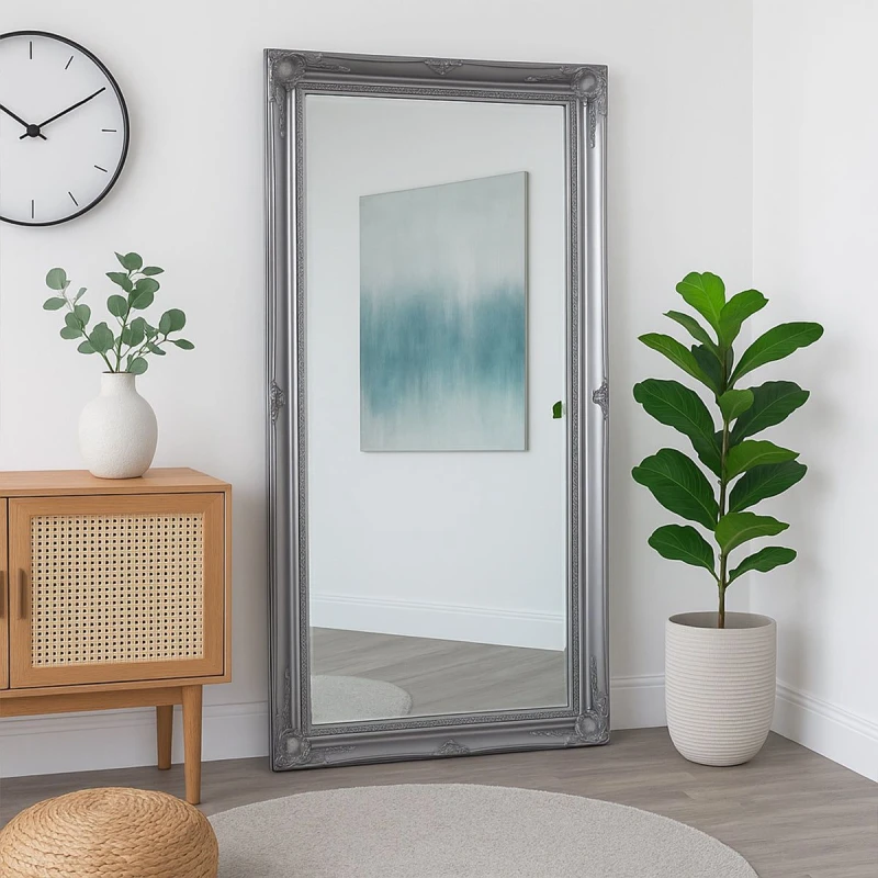 Image of Melody Maison Large Ornate Silver Wall / Floor / Leaner Mirror 158cm X 78cm Metallic Silver