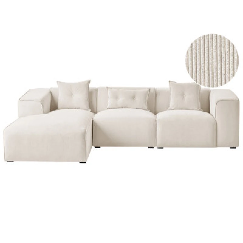 Image of Beliani Corner Sofa 3 Seater Dolva Corduroy Off-White Right Hand