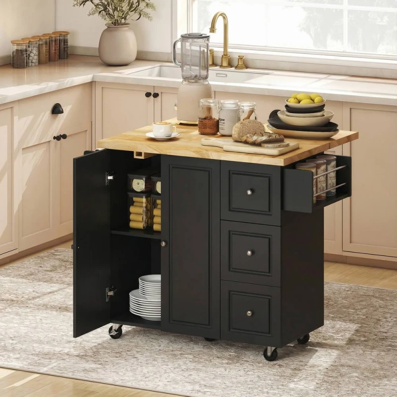 Image of HOMCOM Rolling Kitchen Island, Kitchen Storage Trolley w/ Drop Leaf, Drawers in Black Unisex