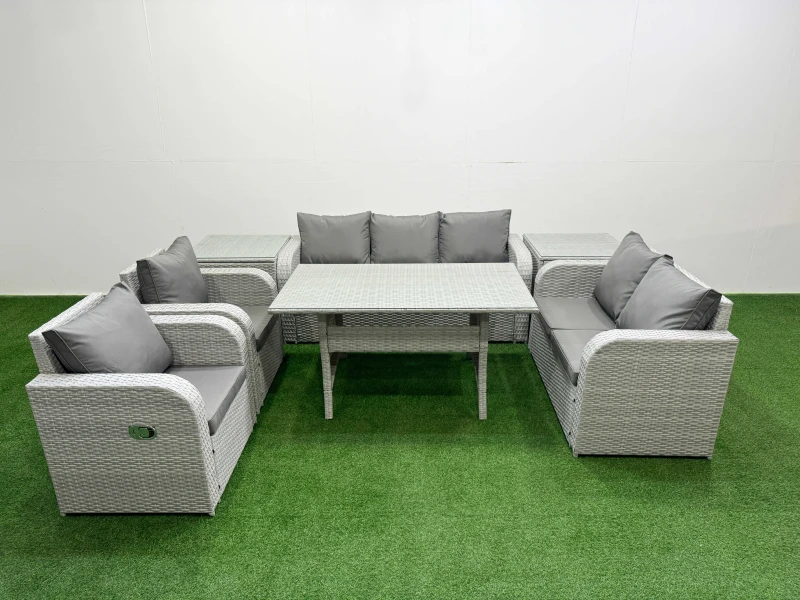 Image of Fimous PE Rattan Garden Furniture Set Reclining Chair Sofa Double Love Seat 2 Seater Sofa Lounge Set Rectangular Dining Table 2 Side Table Light Grey