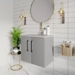 Image of Arno Wall Hung 2-Door Vanity Unit with Bellato Grey Worktop 600mm Wide - Gloss Mid Grey - Nuie