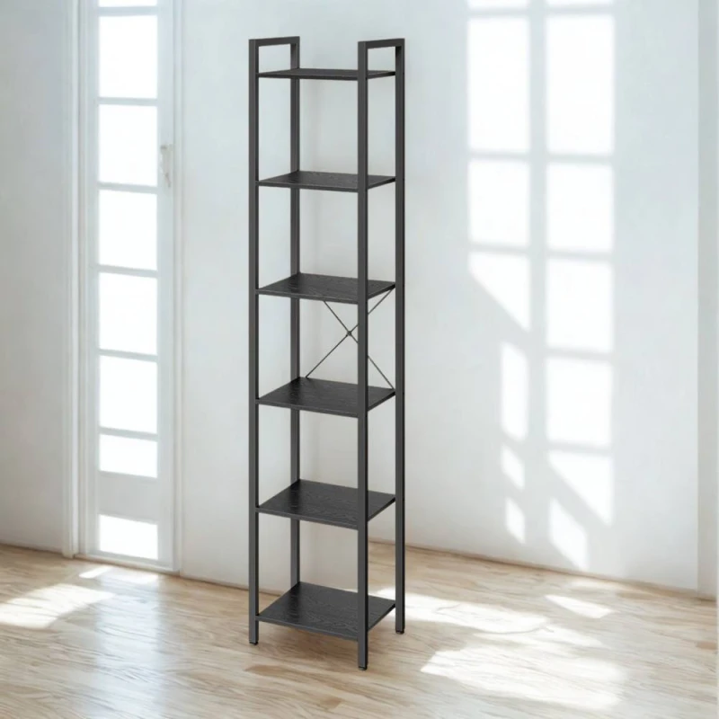 Image of Pirlo Plush Industrial 6 Tier Tall Narrow Bookcase Shelves Black Unisex